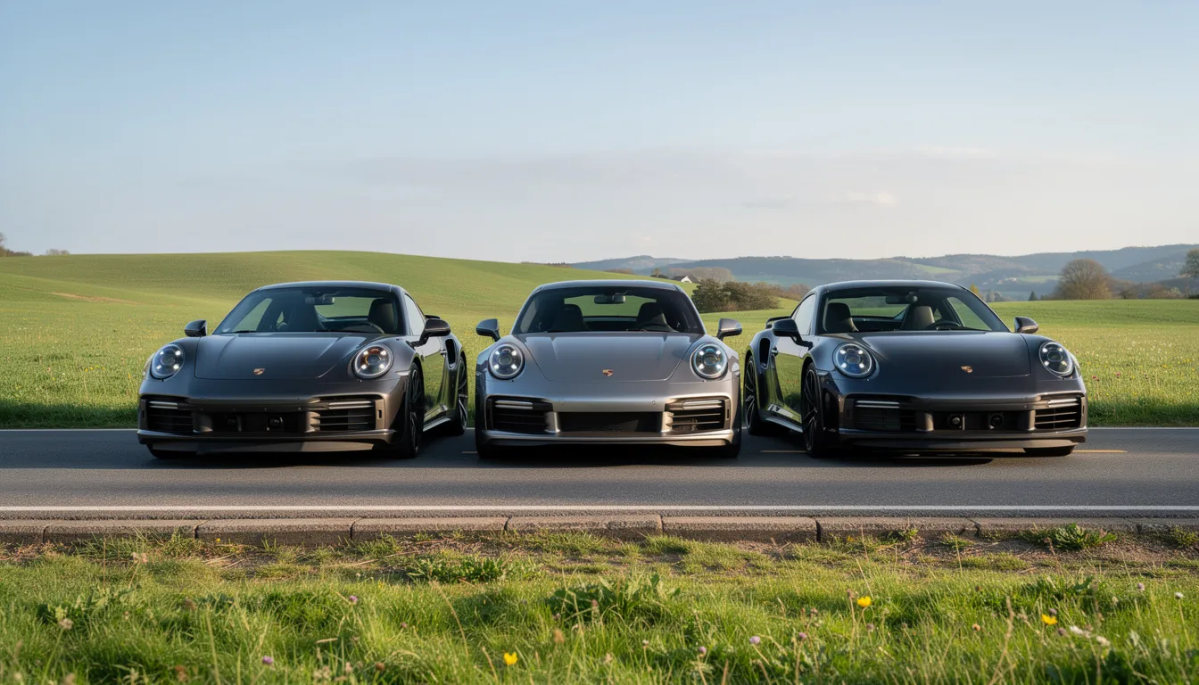 Drei Porsche 911 Turbo S stehen am Straßenrand vor einer grünen Wiese mit sanften Hügeln und einem blauen Himmel. Die Fahrzeuge sind von vorne zu sehen und strahlen die Faszination und Qualität dieser Traumautos aus, während sie in der ruhigen Landschaft platziert sind. Auf Drivable Mietbare Fahrzeuge.
