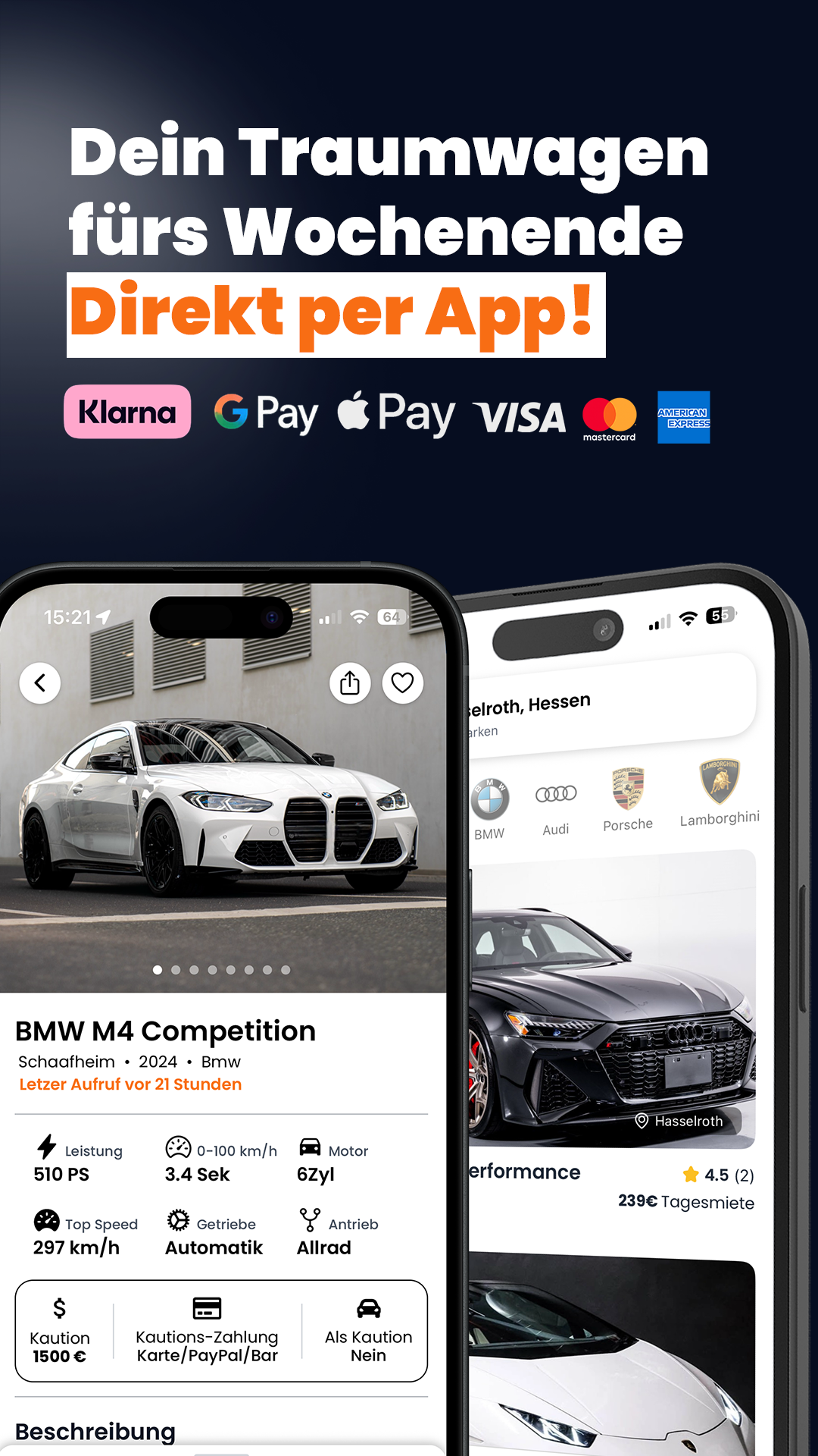 Drivable App Grafik mit BMW M4 Competition und Sportwagen-Auswahl – Traumwagen fürs Wochenende direkt per App mieten, mit klaren Preisen und einfacher Zahlung über Apple Pay, Google Pay, Kreditkarte oder Klarna.