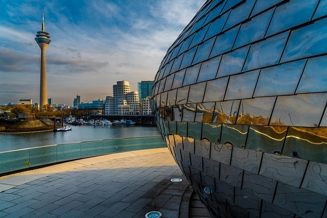 dusseldorf, media harbour, television tower, rhine river, port, city, architecture, building, street