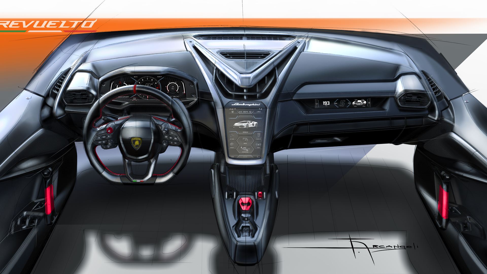 Lamborghini Revuelto – Design-Skizze der neuen V12-Hybrid-Architektur