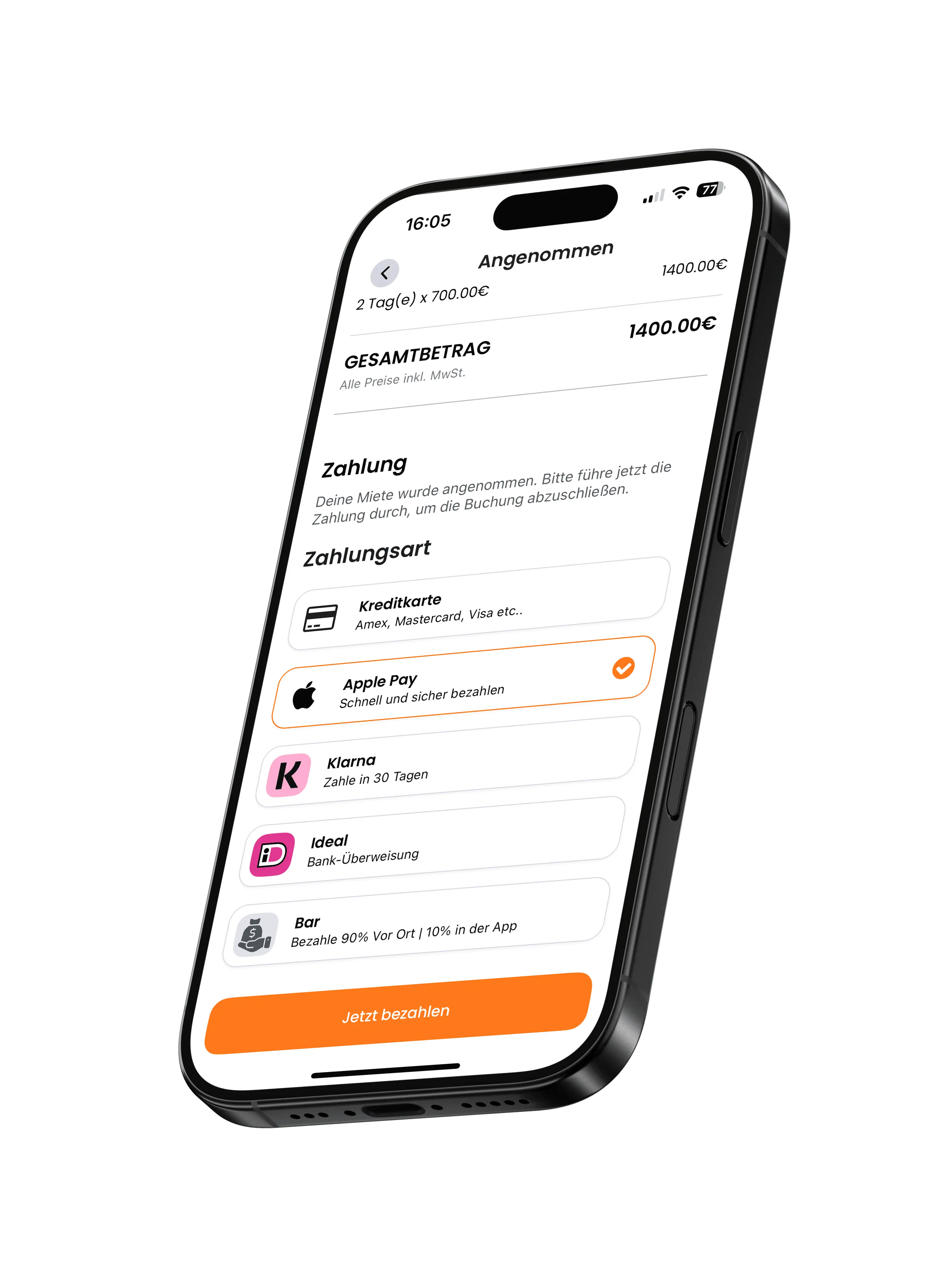 Drivable App Zahlungsbildschirm mit verschiedenen Zahlungsmethoden und sicherem Checkout-Prozess